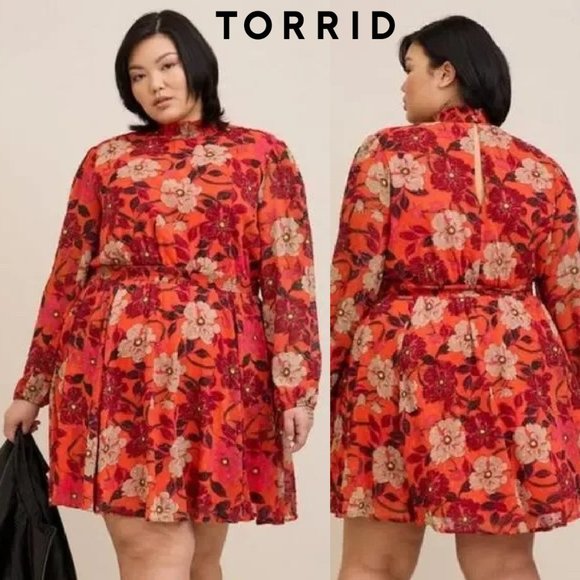 torrid Dresses & Skirts - Torrid Mini Clip Dot Blouson Sleeve Orange Red Floral Dress - Torrid Size 2 / 2X